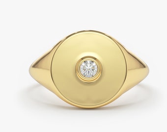 Diamond Signet Ring / 14k Solid Gold Bezel Setting Diamond Pinky Ring / Pinky Signet Ring / Promise Ring / Minimalist Diamond Ring
