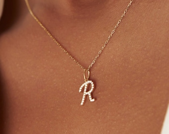 Diamond Initial Necklace / Diamond Script Font Custom Necklace / 14K Gold Personalized Diamond Charm For Women / Custom Birthday Gift
