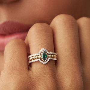 14k Gold Marquise Shaped Emerald Engagement Ring with Diamond Nesting Bands, Three piece Unique Emerald Ring, May Birthstone Gift Idea