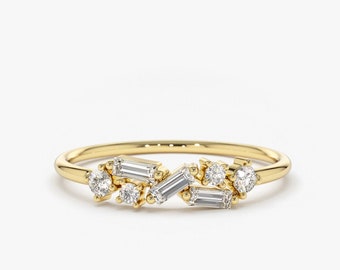 Diamond Baguette Ring / 14k Gold Stackable Ring / Dainty Diamond Ring / Cluster Ring / Diamond Minimalist Ring / Birthday Gift for Her
