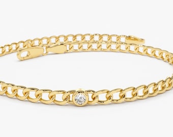 Cuban Link Chain 14k Solid Gold / 3MM Cuban Curb Link Chain Bracelet with Bezel Setting Solitaire Diamonds  by Ferkos Fine jewelry