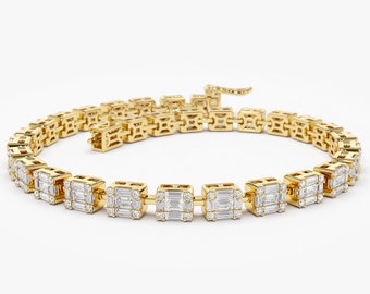 Tennis Bracelet / 14kt Solid Gold Baguette and Round Diamond Illusion Setting Diamond Bracelet be Ferkos Fine Jewelry / Gift for Mom