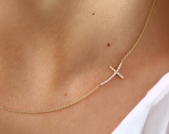 Diamond Cross Necklace / Sideways Diamond Cross Necklace / 14k Gold Diamond Cross / Religious Diamond Necklace