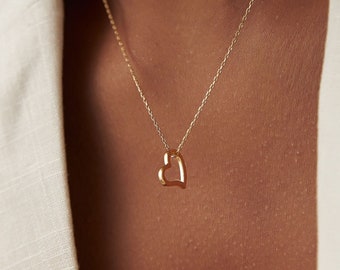 Gold Heart Necklace 14k Gold / Open Heart Shaped Charm Necklace / 14K Gold Love Pendant / Love Design Necklace / Best Friend Gift