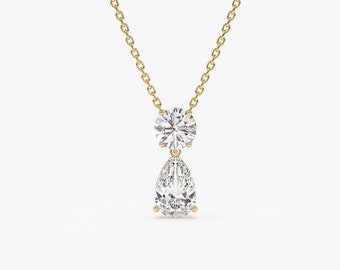 Diamond Necklace, 1.25 ctw 14K Gold Basket Setting Pear Shape & Round Cut Lab Grown Diamond Necklace Minimalist Dainty Teardrop Pendant Lila