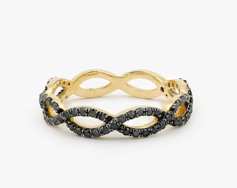 Infinity Ring/ Diamond Infinity Ring/ Micro Pave Infinity Twist Ring in 14k Gold with Black Diamonds/ Infinity Wedding Band