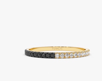 Eternity Ring / 14k 1.5MM Black and White Diamond Micro Pave Eternity Band / Full Eternity Stackable Ring / Half Black Half White Diamond