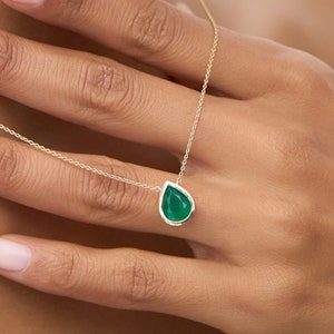 Emerald Necklace 1.50-2.50 ctw, 14k Gold Pear Shape Bezel Setting Emerald Pendant Necklace, Teardrop Emerald Layering Necklace Gift for Mom