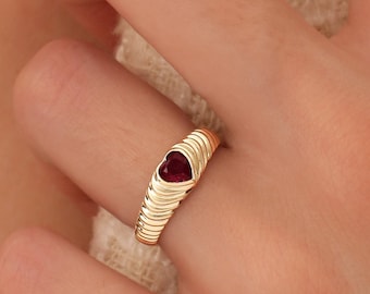 Garnet Ring / 14k Gold Heart Shaped Garnet Ring Beveled Ring / Heart Ring for Ladies / January Birthstone Gift for Her Ferkos Fine Jewelry