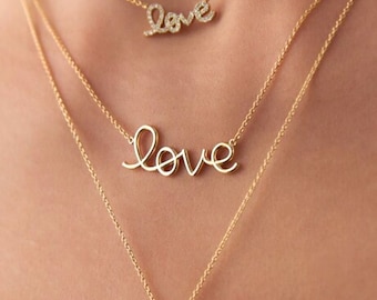 Women's Romantic 14k Gold Love Word Necklace, Dainty Luxury Rose Gold Love Charm Necklace, Horizontal White Gold, Gift for Her Fast shipping