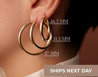 14K Gold Thick Hoops / 3MM Thick Hoop Earrings / 26.5 MM - 31.5MM -37MM Gold Hoops  / Waterproof Daily wear Hoops by Ferkos Sold as a Pair