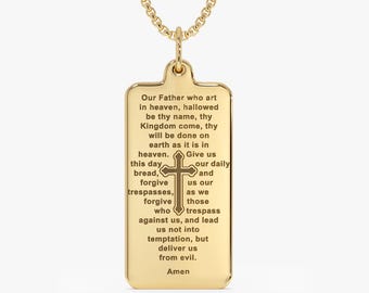 Lord’s Prayer Necklace, 14k Gold Religious Tag Pendant, Engraved Prayer Necklace, Christian Jewelry for Men & Women, Religious Gift