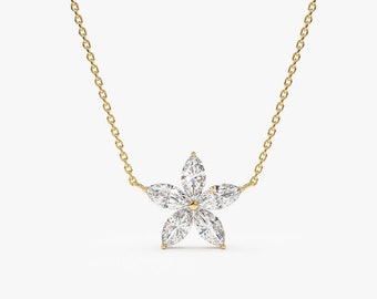 Diamond Necklace Marquise Cut, 1.05 ctw 14K Gold Marquise Shaped Flower Design Lab Grown Diamond Necklace, Solitaire Cluster Necklace, Vera