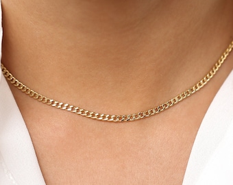 Cuban Link Necklace 14k Solid Gold / 3MM Cuban Curb Link Chain Choker Necklace by Ferkos Fine jewelry