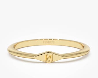 Anello con iniziale a forma di diamante in oro 14 carati, anello con sigillo con lettera personalizzata, gioielli con incisione personalizzata, anello impilabile minimalista, regalo per lei