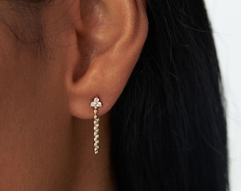 14K Trio Diamond Earring, Gold Beaded Chain Earring Studs, Minimalist Chain Earrings, Diamond Chain Piercings, Last Minute Gift Ideas