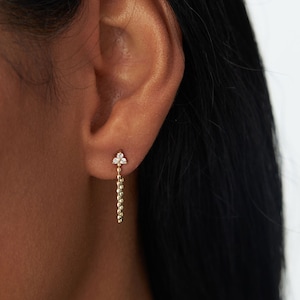 14K Trio Diamond Earring, Gold Beaded Chain Earring Studs, Minimalist Chain Earrings, Diamond Chain Piercings, Last Minute Gift Ideas