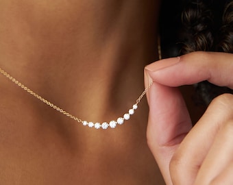 14K Gold Diamond Curved Bar Necklace: Graduating Charm, Bridal Jewelry