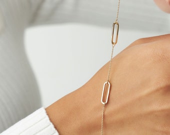 Gold Trio Paperclip Bracelet, Minimalist Oval Link Bracelet, 14K Gold Mix link Bracelet, Layering Paper Clip Bracelet, Dainty Gift For Her