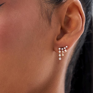 Unique Diamond Earrings, 14k Gold Diamond Ear Climbers, Dangling Natural Diamond Stud Earrings, Elegant Statement Jewelry for Women, Pair