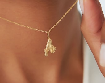14K Solid Gold Script Font Initial Necklace, Double Layered 3D Personalized Necklace, Custom Gold Necklace, Gold Script Initial Charm