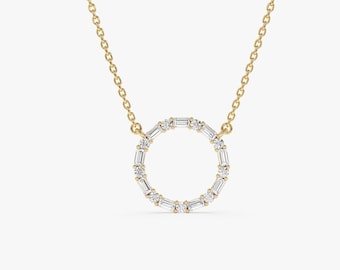 Diamond Necklace, 14k Baguette & Round Diamond Circle Necklace, White Gold, Rose Gold Circle Pendant, Dainty and Minimalist Pendant