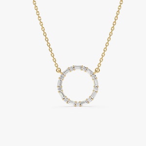 Diamanten ketting, 14k stokbrood en ronde diamanten cirkelketting, witgoud, roségouden cirkelhanger, sierlijke en minimalistische hanger