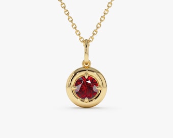 14K Gold Round Garnet Necklace, January Birthstone Pendant, Dainty Red Gem Charm, Bezel Set Minimalist Gold Jewelry