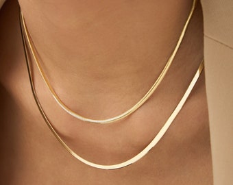 Herringbone Necklace, 14K Solid Gold 2.5mm Width Stacking Chain Necklace, Dainty Layering Flat Flexible Necklace, Handmade Birthday Gift