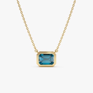 Blue Topaz, 14k Gold Emerald Cut Bezel Set London Blue Topaz Necklace, 1.25 ctw Octagon Shape Birthstone Layering Necklace, Graduation Gift