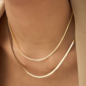 Herringbone Necklace, 14K Solid Gold 2.5mm Width Stacking Chain Necklace, Dainty Layering Flat Flexible Necklace, Handmade Birthday Gift