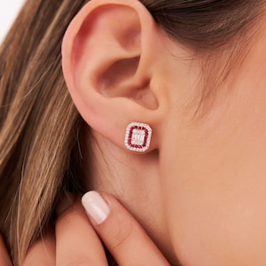 14K Diamond and Ruby Studs Earrings, Dainty Halo Ruby and Illusion Setting Diamond Studs, July Birthstone Studs, Gift for Her