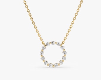 Diamond Circle Necklace 0.25 ctw 14k Gold, Diamond Circle of Life Charm, Dainty Round Diamond Pendant, Layering Diamond Piece