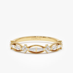 Art Deco Wedding Ring, 14K Gold Baguette Diamond Stacking Ring, Vintage Diamond Ring, Half Eternity Ring For Women Made by Ferkos