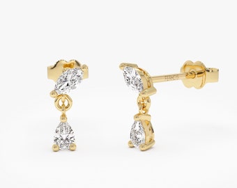 Marquise & Pear Shape 0.50 ctw Lab Grown Diamond Dangling Earrings, 14K Gold Lab Grown Studs, Dainty Stud Earrings, Perfect Birthday Gift