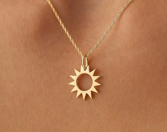 14k Solid Gold Sun Pendant Necklace / 14k Solid Gold Sunshine Pendant / Small Celestial Necklace / Sunburst Charm Necklace for Women