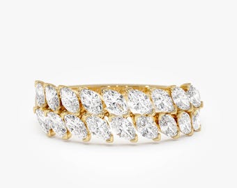 14K Gold Double Row Marquise Diamond Wedding Band