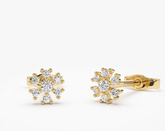 Diamond Earrings / 14K Gold Flower Design Diamond Earrings / Floral Design Earrings By Ferkos Fine Jewelry / Gift For Women