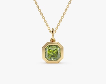 Asscher Cut Bezel Set Peridot Necklace, 14K Gold 1.20 ctw Peridot Birthstone Necklace, Dainty Solitaire Layering Necklace, Birthday Gift