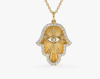 Diamond Hamsa Necklace / 14k Gold Diamond Hamsa & Evil Eye Hand of Fatima Necklace / Good Luck Hamsa Charm / Diamond Cut Protection Necklace