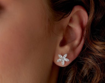 Marquise Shaped Diamond Studs, 1.45 ctw 14k Gold Marquise Shaped Lab Grown Diamond Floral Studs, Minimalist Flower Bridal Earrings, Maya