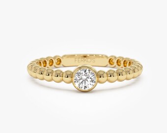 Anillo de solitario con cuentas, anillo de bisel de diamantes solitario de oro macizo de 14K, anillo de boda de diamantes minimalista, anillo de compromiso delicado con conjunto de bisel, regalo