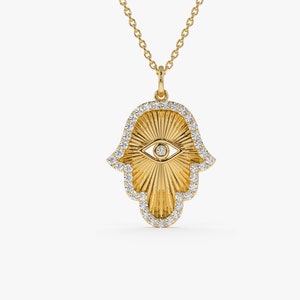 Diamond Hamsa Necklace / 14k Gold Diamond Hamsa & Evil Eye Hand of Fatima Necklace / Good Luck Hamsa Charm / Diamond Cut Protection Necklace