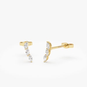 Diamond Studs, 14k Gold Three Stone Marquise Shaped Diamond Studs, Dainty Diamond Curve Studs, Marquise Shape Piercing Studs