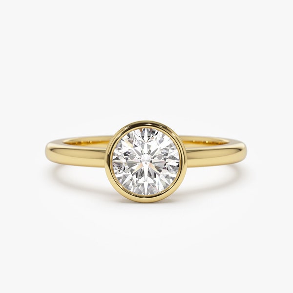 Engagement Ring Round Cut, 0.75 - 1.50 ctw 14k Gold Bezel Setting Round Shape Lab Grown Diamond Engagement Ring, Dainty Wedding Ring, Lydia