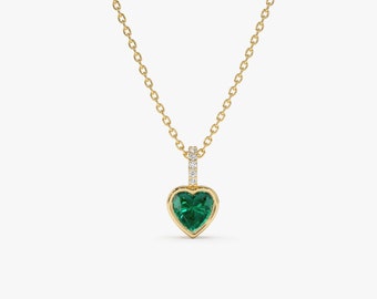 Heart Shape Emerald Necklace, May Gemstone Pendant, Gold Heart and Diamond Birthstone Pendant, Green Love Pendant, Best Friend Birthday Gift