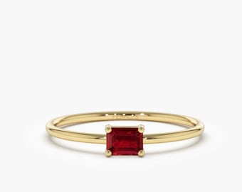 Ruby Ring, 14k Gold Emerald Cut Octagon Ruby Ring, July Birthstone Ring, Minimalist Stackable Natural Ruby Ring, Pinky Ring by Ferkos