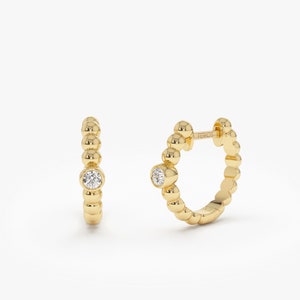 Diamond Hoop Earrings, 14k Gold Bezel Setting Beaded Diamond Huggies, Solid Gold Beaded DiamondHoops Perfect for Everyday Wear 14k Gold