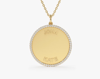 Personalized Diamond Medallion Necklace, 14K Gold Custom Name Disc Pendant, Gold Coin Charm Pendant, Personalized Diamond Necklace for Her