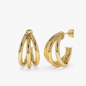 Triple Row Hoop Earrings, 14K Solid Gold Minimalist Party Hoops, Dainty Elegant Fashion Earrings, Simple Triple Stack Hoops, Birthday Gift